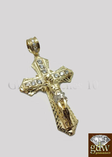 10k Yellow Gold Men Cross Charm Pendant Diamond Cut Angel Jesus Crucifix