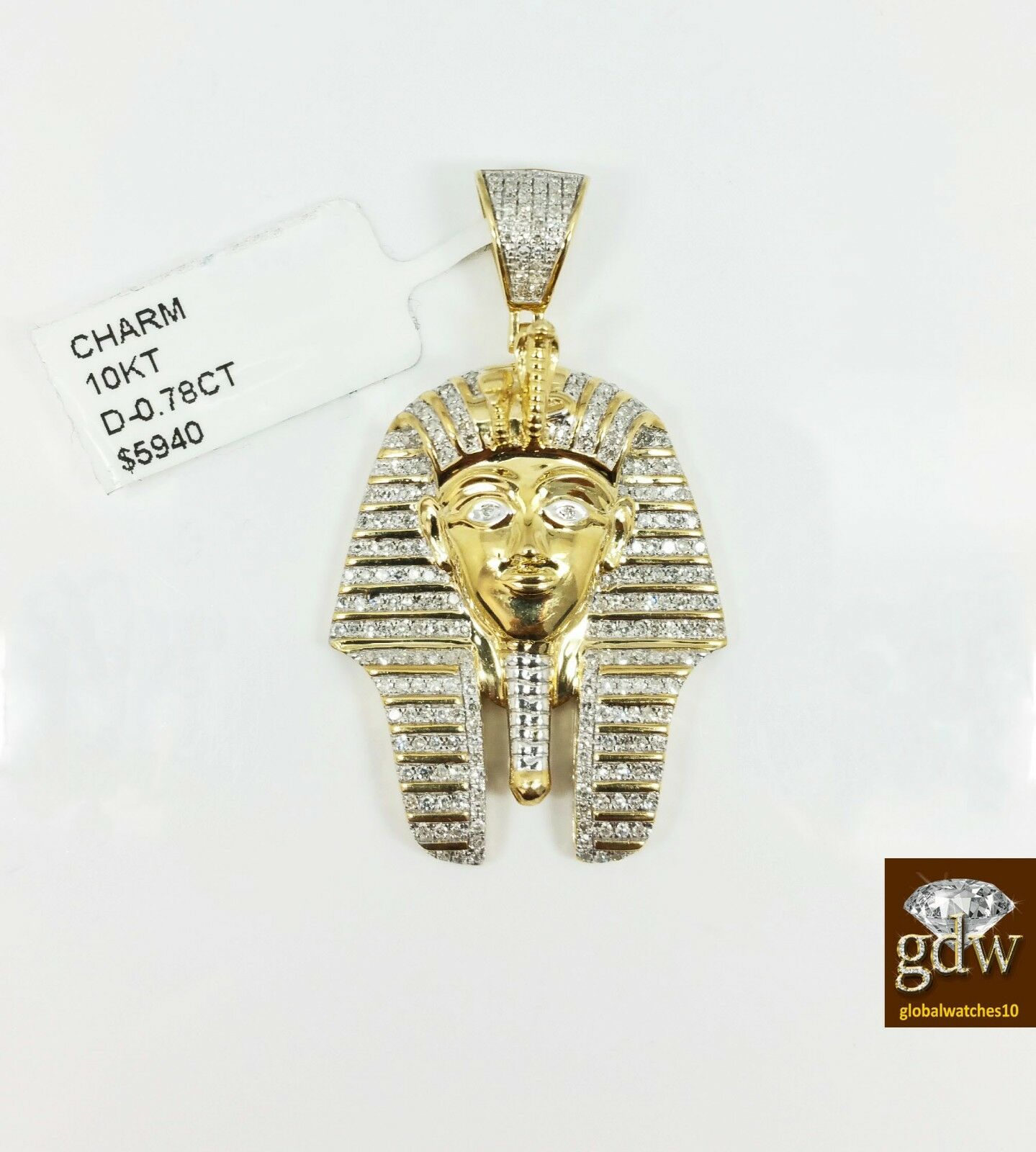 Real 10k Yellow Gold Diamond Pharaoh Charm Pendant  28" Rope Chain Necklace