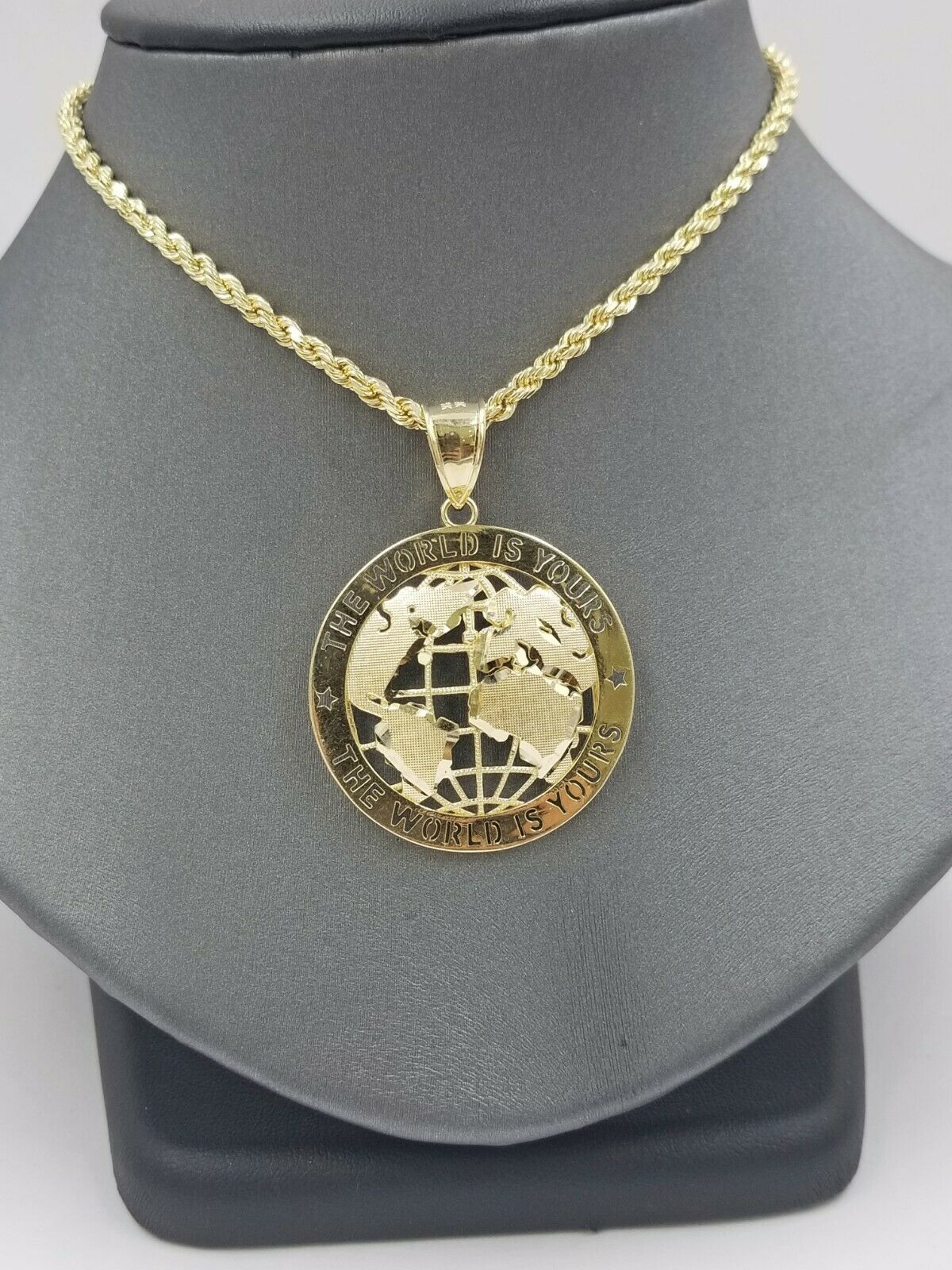 Globe Map Charm 10K Yellow Gold Real Pendant The World is Your Diamond Cut Solid