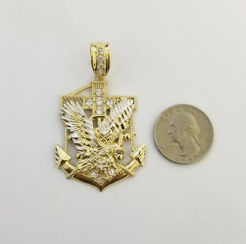 Real 10k Yellow Gold American Eagle Anchor Pendant 2 inches Cubic Zirconia Charm