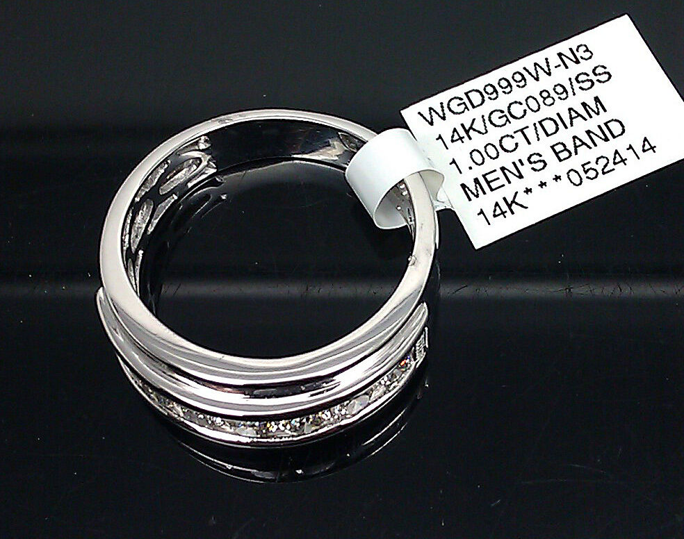 14K Men White Gold Band With 7 Brilliant Round Diamonds 1CT