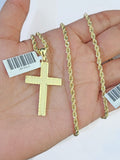 10k Gold Rope Chain & Cross Charm Pendent SET 3mm 22 Inches Necklace