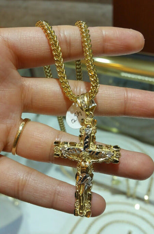 Real 10k Yellow Gold Jesus Cross Charm Pendant with 24" Franco chain