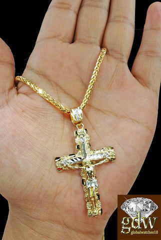 Real 10k Yellow Gold Mens Jesus Cross Charm/Pendant With 20" Franco Chain