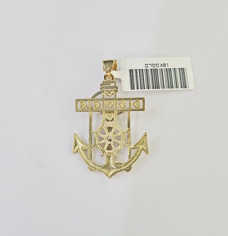 10k Gold Anchor Jesus Pendant Rope Chain 3mm 18'' Necklace Set Diamond Cut