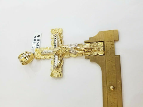10K Yellow Gold Jesus nugget Cross Pendent Men Women 4" 10kt