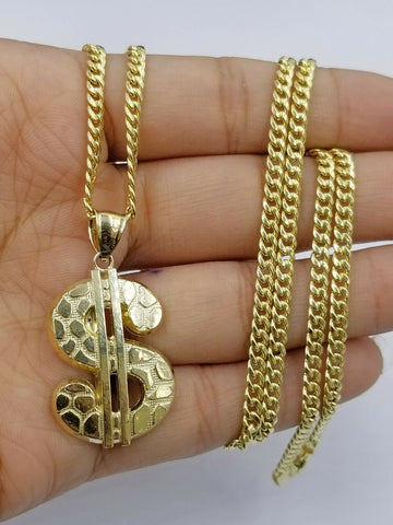 $Dollar 10K Real Gold Charm Nugget Pendant Miami Cuban Chain in 20 22 24 Inches