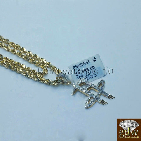 Real 10k Yellow Gold & Diamond Houston Rocket Logo Charm with 24 Inch Rope Chain