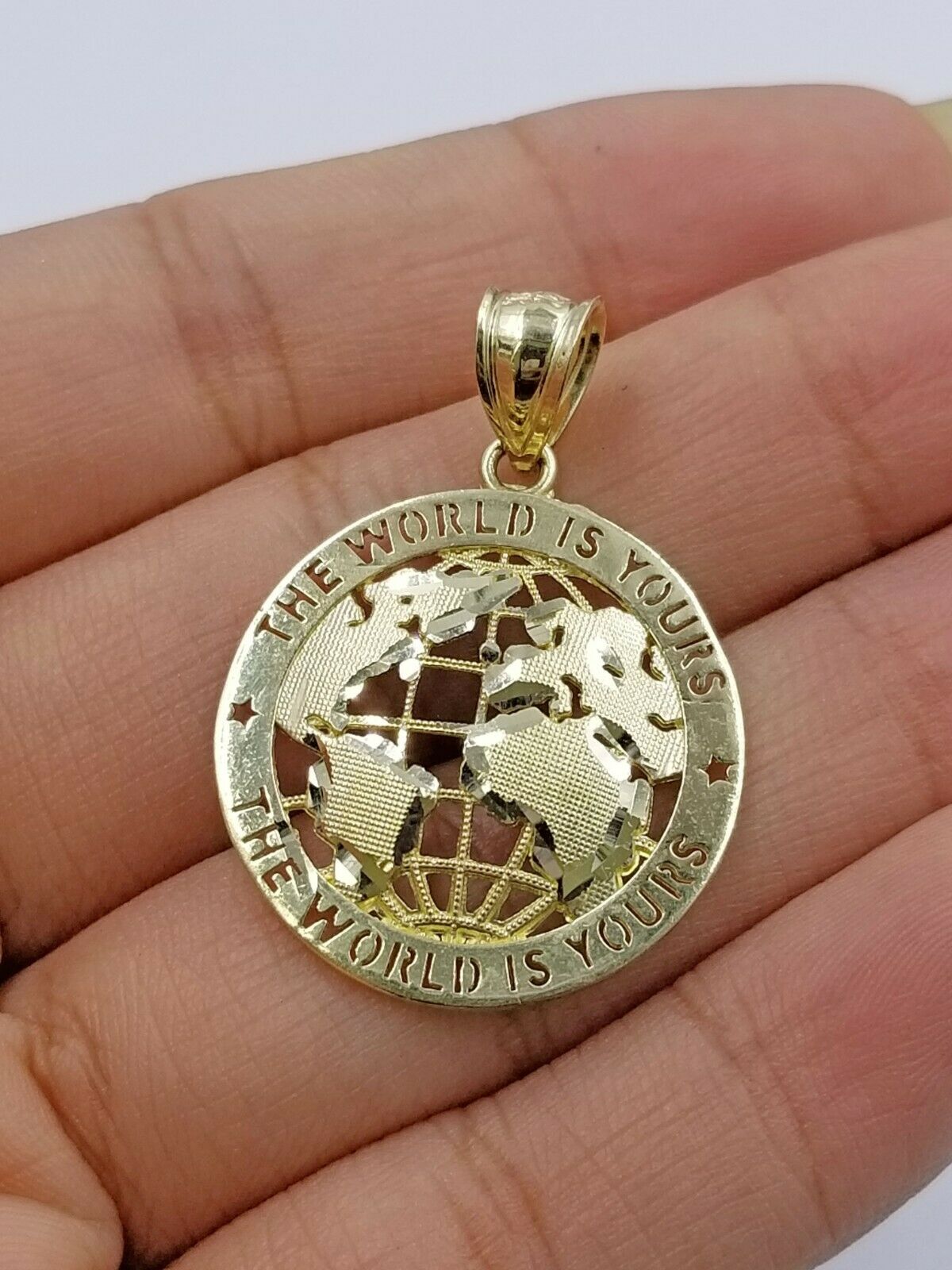 10k Gold Men Globe Diamond Cut Pendant 2.5mm Rope Chain 18 20 22 24 26 28 Inch