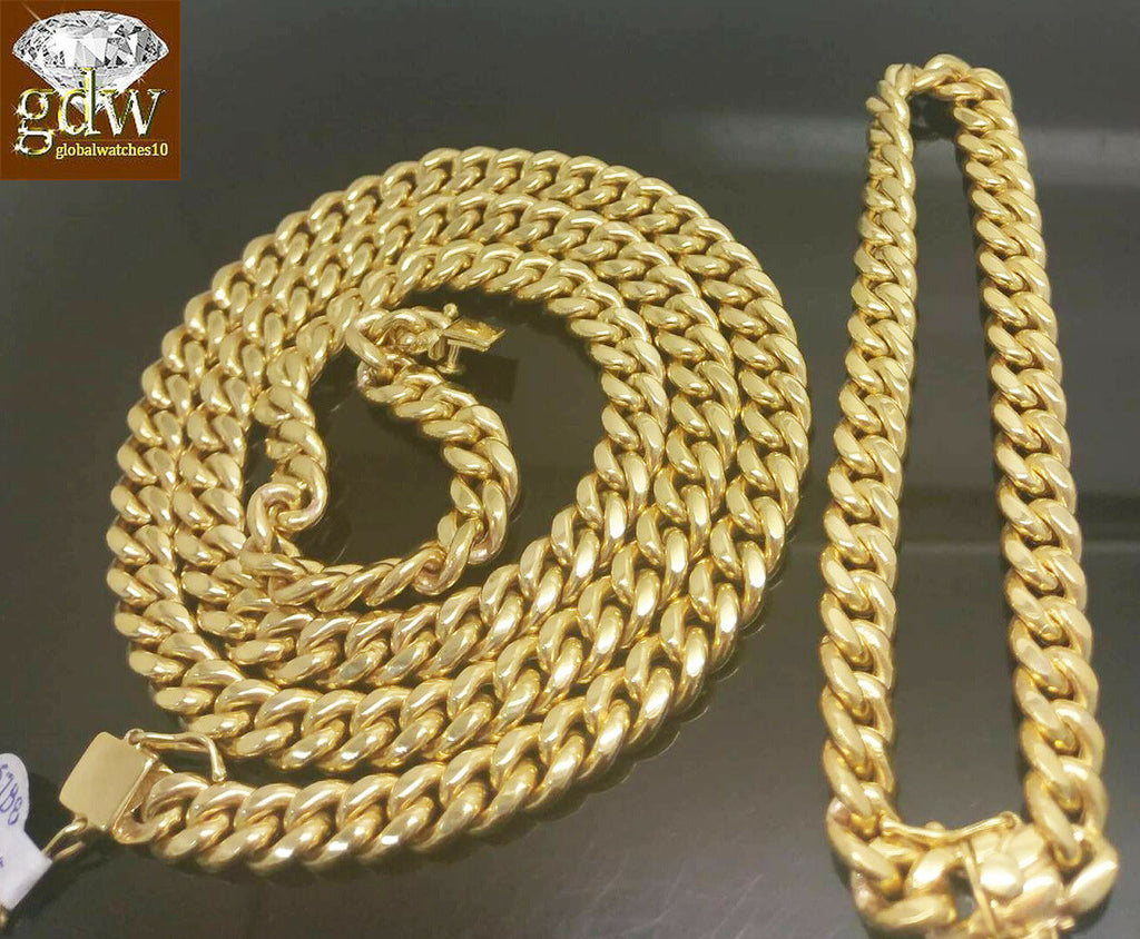 10k Real Gold Miami Cuban Chain Necklace Box Lock 28" 10k Bracelet 9" set