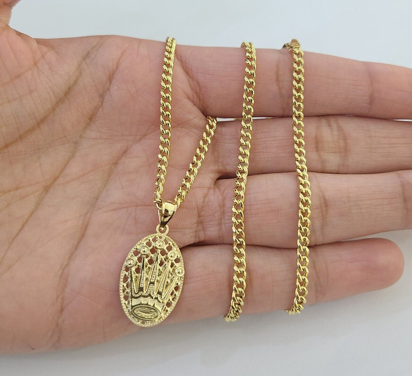 10K Yellow Gold Crown Pendent Charm 3mm Miami Cubn Chain 18" 20" 22" 24" 26"Inch