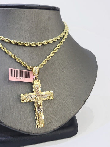 14k Yellow Gold Rope Chain & Jesus Nugget Cross Charm SET 3mm 18 Inches Necklace