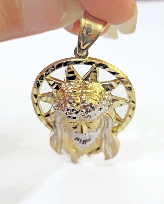 Real 10K Yellow Gold Jesus Head Pendant Charm With Circular Ring