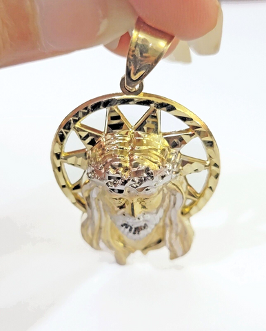 Real 10K Yellow Gold Jesus Head Pendant Charm with Circular Ring