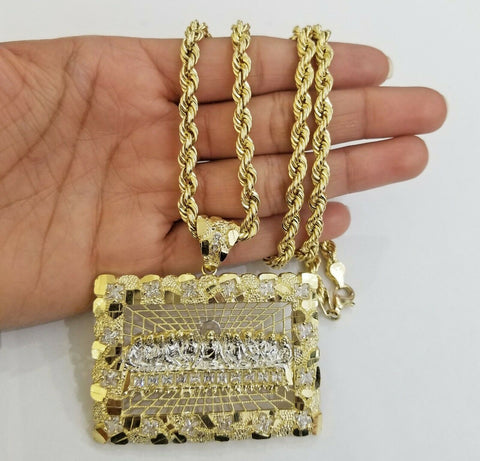 10k gold Last Supper nugget charm with 28 inch rope chain ,5mm real yellow Gold
