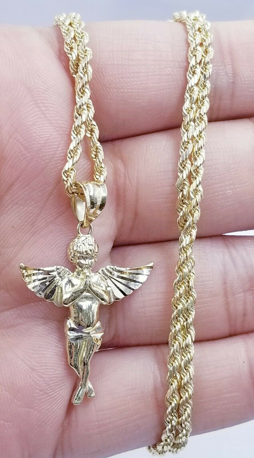 10k Yellow Gold Praying Angel Charm Diamond Cut Guardian Angel Pendant Real