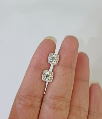 14k White gold Square Earrings Diamond screw-back Lab Created Women Men Studs