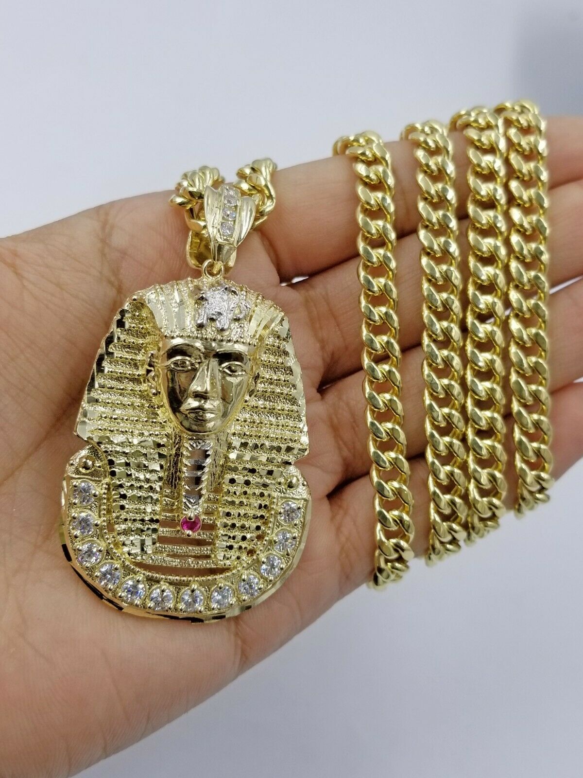 10K Yellow Gold 24 Inch Miami Cuban Chain Ruby Pharaoh Head Pendant Diamond Cut