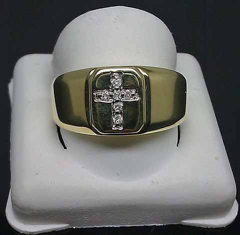 REAL 10K Mens Yellow Gold 0.06CT Round Diamond Ring With Cross Band