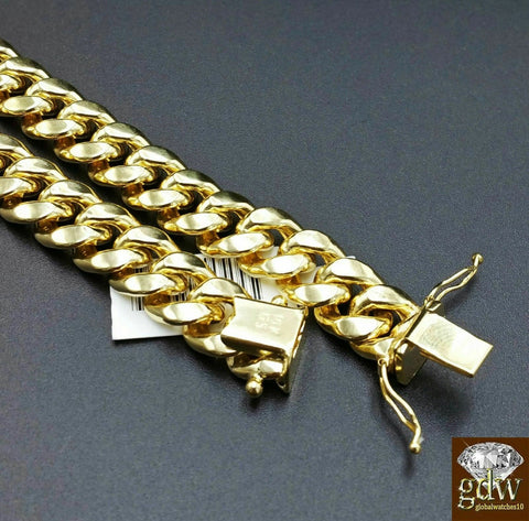 24" 9MM Men's 10K Yellow Gold Necklace Miami Cuban Link Chain Box Lock, Rope