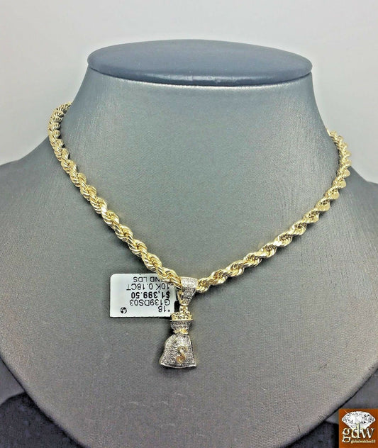 Genuine 10K 22 Inches Rope Chain 0.18CT diamond Dollar Money Bag