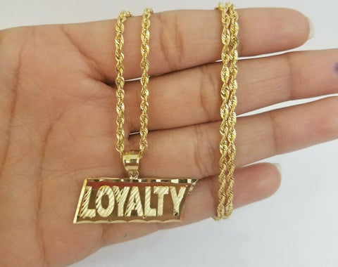 10k Gold Loyalty Charm Pendant and 24inch rope chain, 2mm lobster lock chain