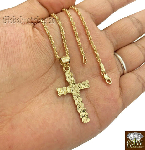 10k Gold Jesus Cross Pendant with Rope Chain in 18" 20" 22"  Real Gold