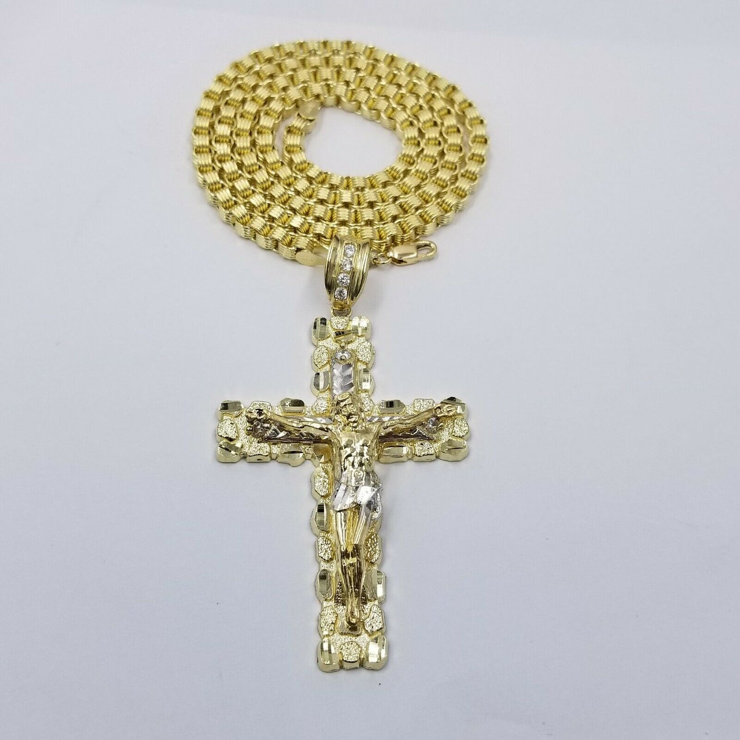 Mens 10k Yellow Gold Cross Charm Diamond Cut Pendant Byzantine Chain in 24" Real