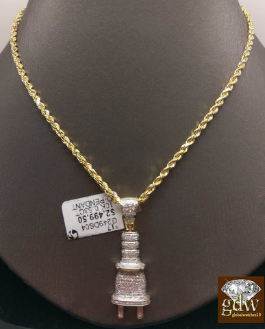 Real 10k Yellow Gold Genuine Diamond Plug Charm Pendent 22 Inch Rope Chain