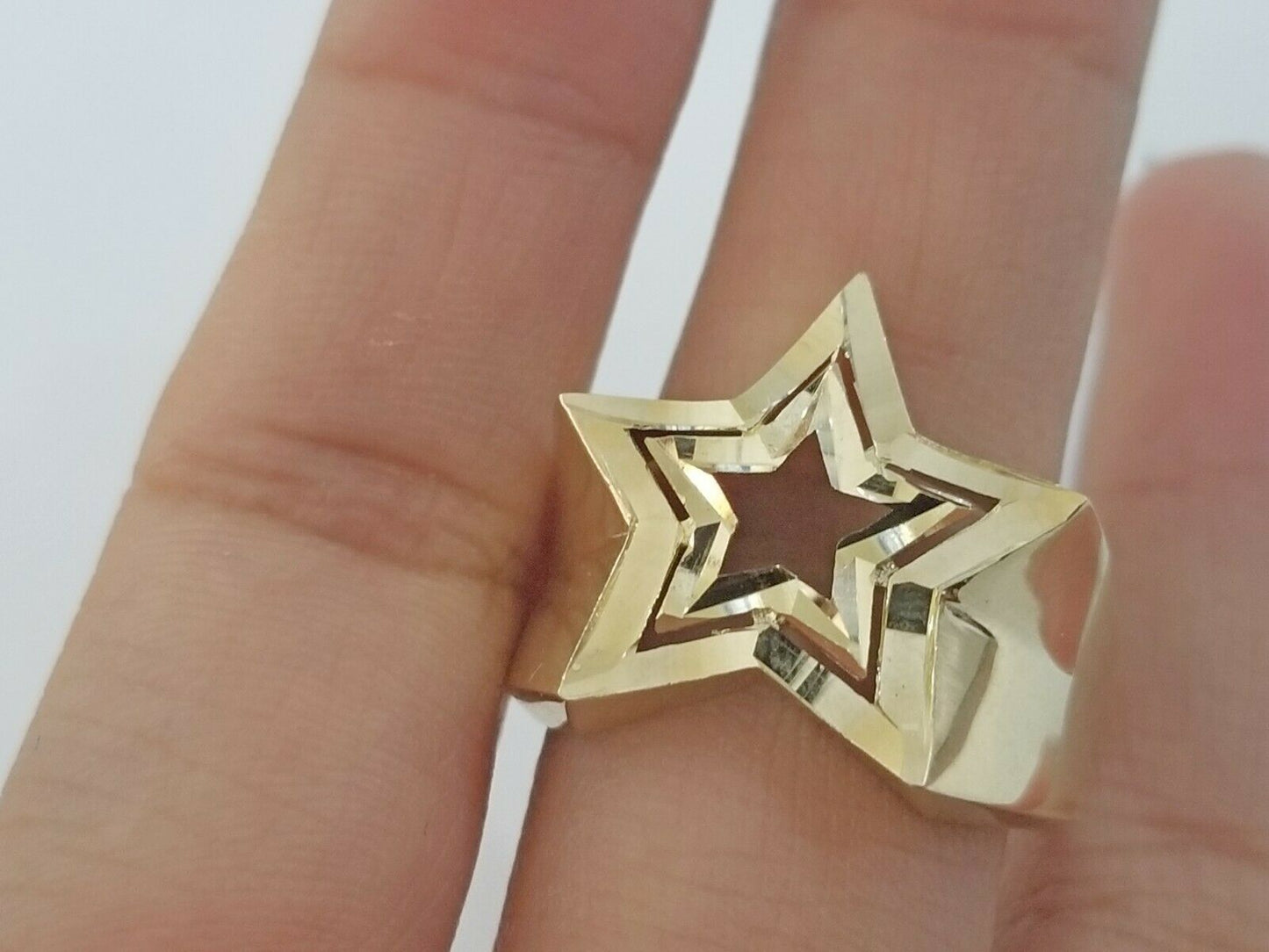 10k Yellow Gold Double Star Mens Ring Diamond Cut Design Real 10k casual pinky