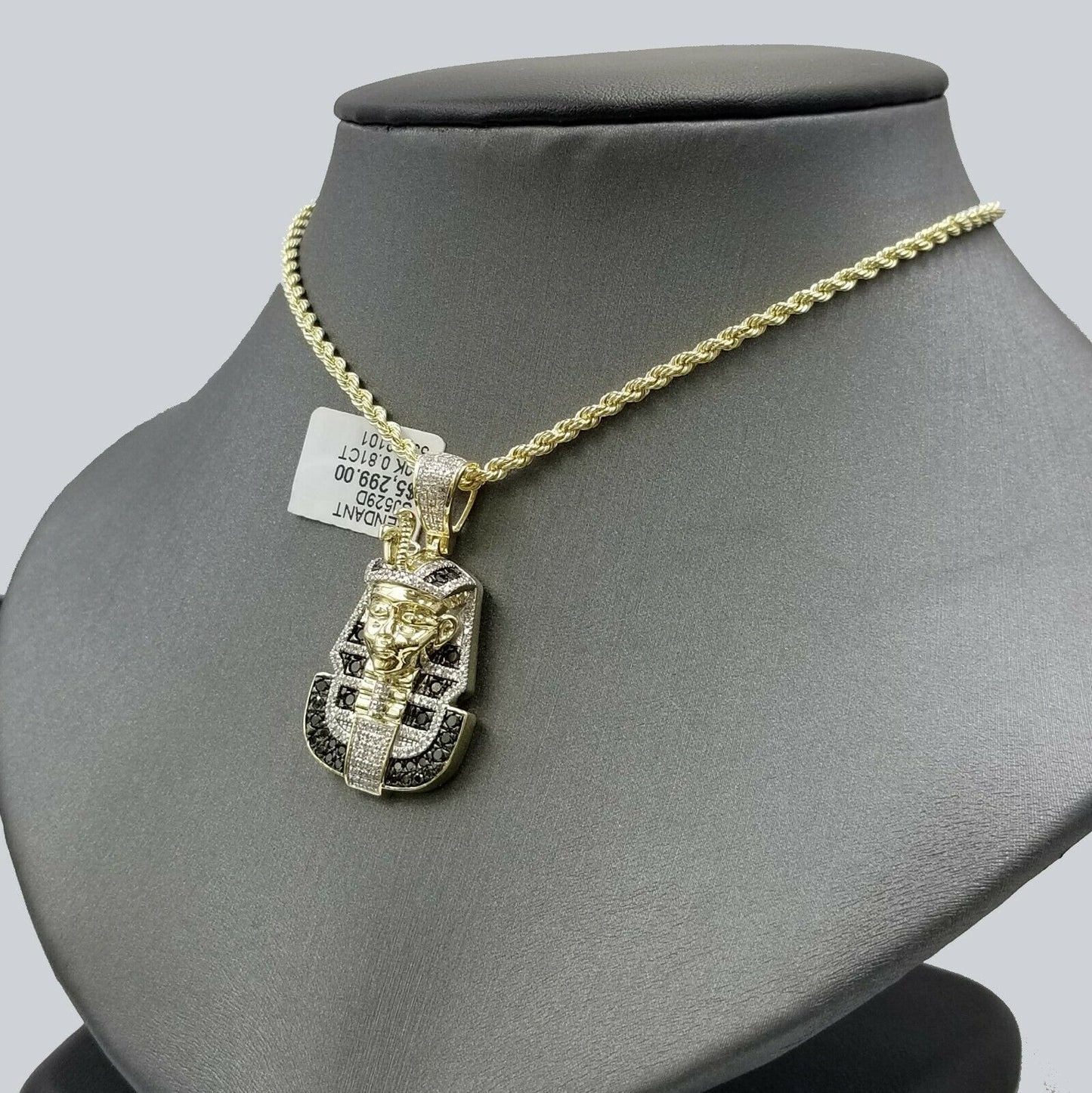 10k Yellow Gold Pharaoh Head Pendant Rope Chain 24" Black White Diamond 0.81CT