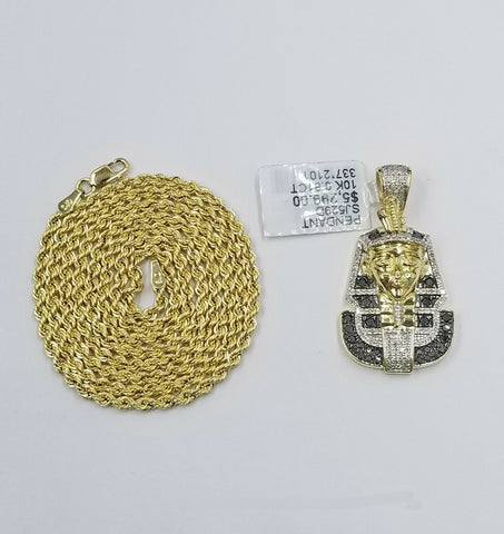10k Yellow Gold Pharaoh Head Pendant Rope Chain 24" Black White Diamond 0.81CT