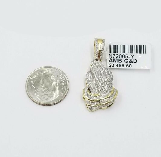 REAL 10K Yellow Gold Praying Hands Diamond Pendant Pave Charm 0.48CT 1.25"