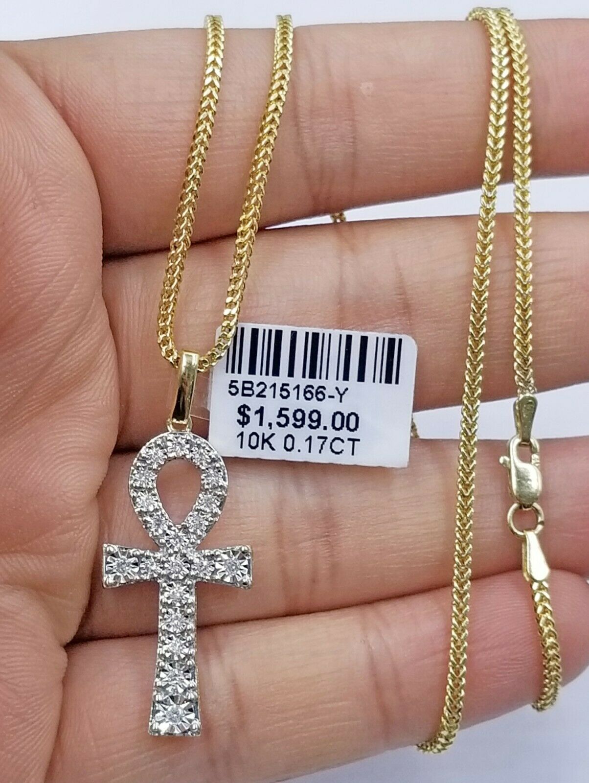 10k Gold Ankh Cross Charm Pendant Real Diamond 2mm Rope Chain 18"-28"