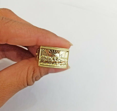 10k Real Yellow Gold Last Supper Ring Men's Ring, Size 10, Sizable cross design