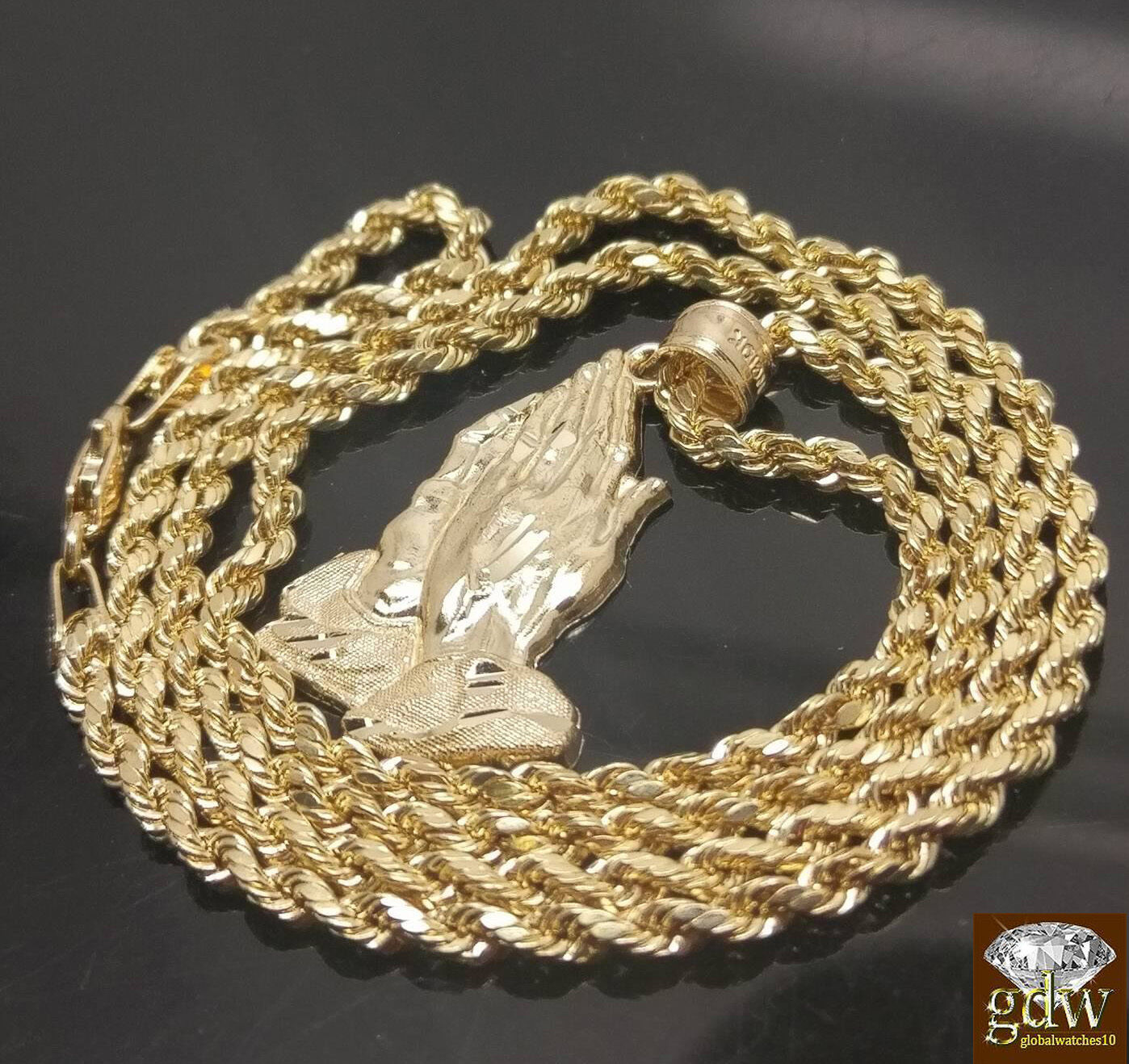 10k Yellow Gold Rope Chain Necklace 20" Praying Hand Charm Pendant Unisex