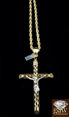 Real 10k Yellow and White gold Jesus Cross Charm/Pendant with 26 Inch Rope Chain