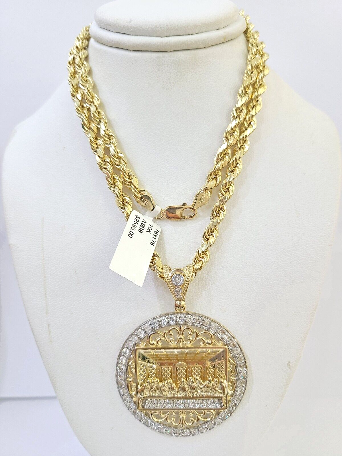 10k Gold Rope Chain Last Supper Charm Pendent SET 5mm 26 Inches