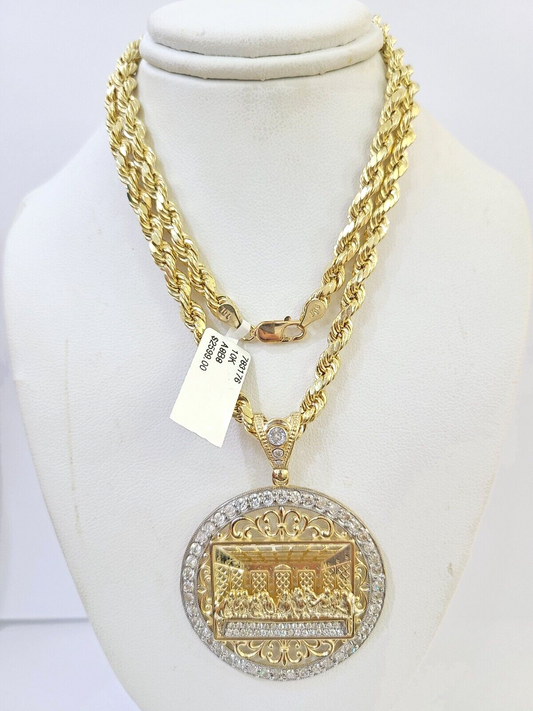 10k Gold Rope Chain Last Supper Charm Pendent SET 5mm 26 Inches