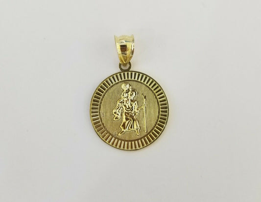 10k Yellow Gold Circle Saint Cristopher Charm 1Inch,10kt Round Pendent Real Gold