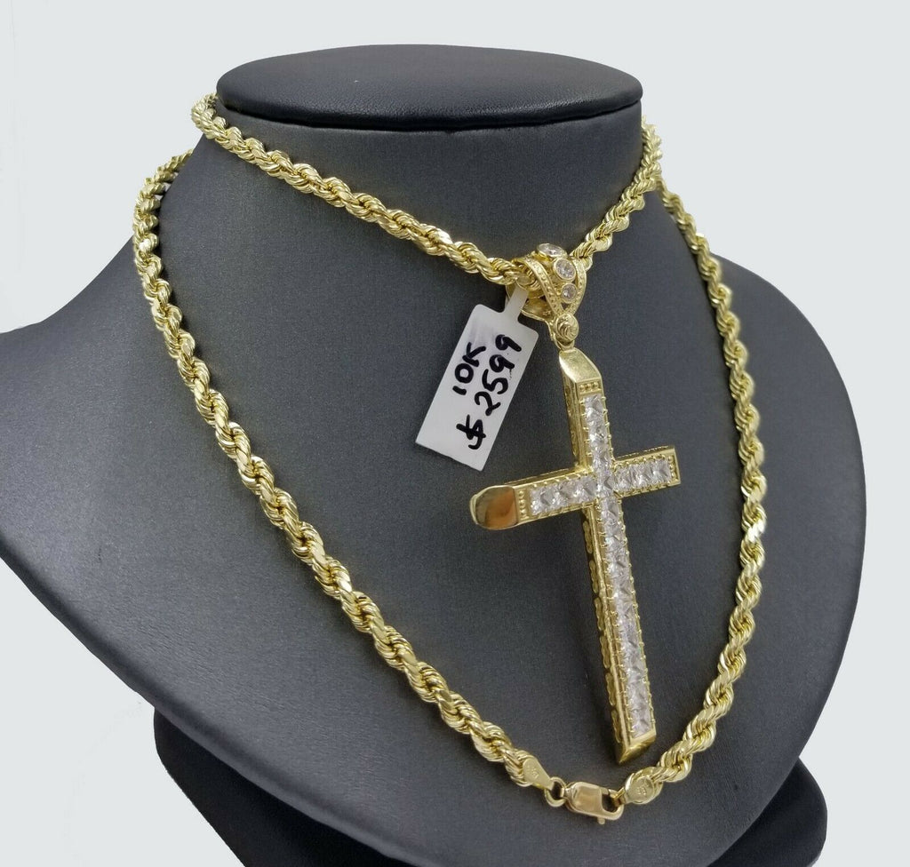 10k Yellow Gold Jesus Cross Pendant with Rope Chain 22 24 26