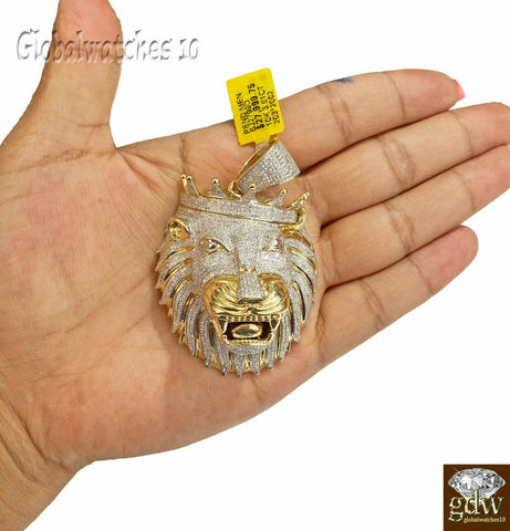 Real 10k Yellow Gold Diamond Mens Lion Head Charm Pendant with Genuine Diamonds.