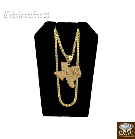 10k Gold Texas Map Charm Pendant with Franco Chain 22" 24" 26" 28" Length Real