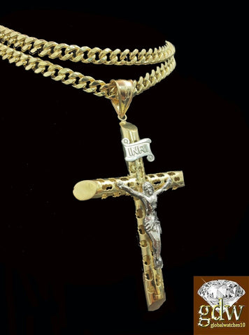 Real 10K Men Gold Miami Cuban Chain with Jesus Cross Charm Pendant