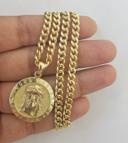 Real 10k Gold Jesus Pendant & Miami Cuban link Chain 4mm 20" Set, Round