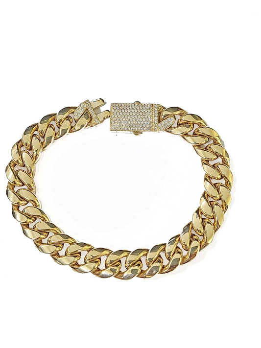 Real 14K Yellow Gold Miami Cuban Bracelet 8" Inch 11 mm 14K CZ Stone Box Clasp