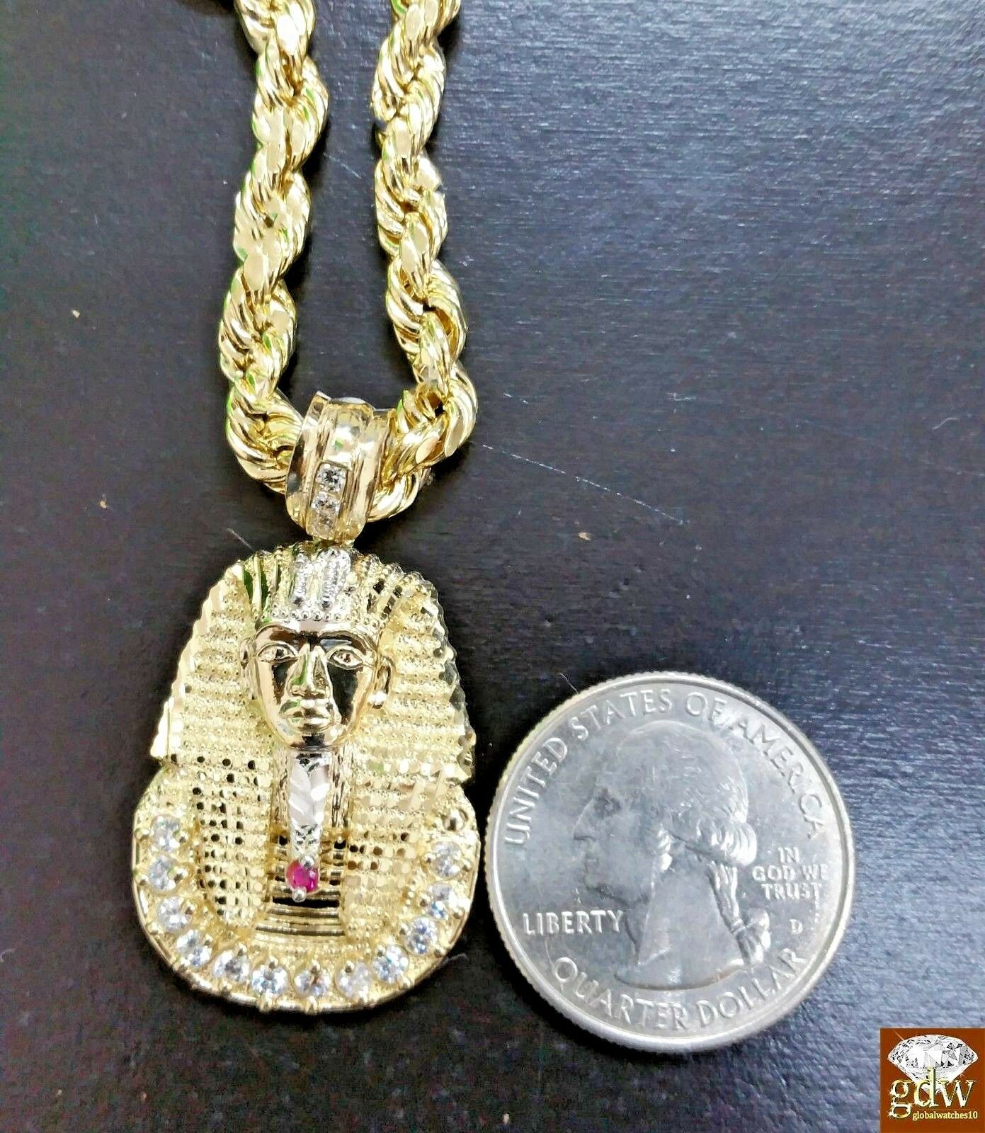 Real 10K 24 Inches Rope Chain 1.5 Inches long Pharaoh Head Pendant