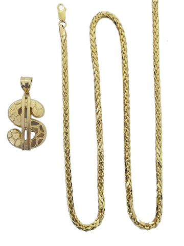 10k Yellow Gold Dollar Sign Charm Pendent 4mm Palm Chain 22" Inch Necklace