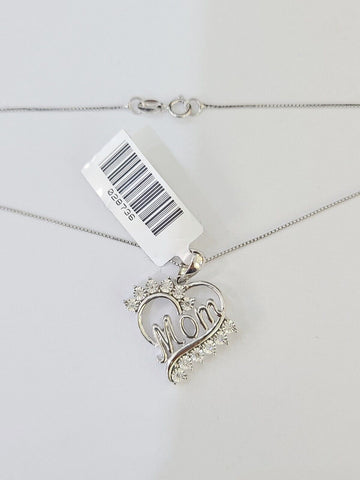 Real 10k White Gold Heart Diamond Mom Pendant Box Chain Necklace Set Women