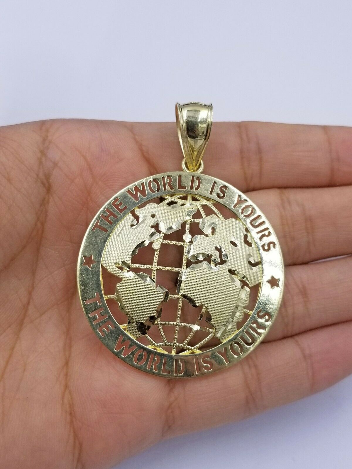 Globe Map Charm 10K Yellow Gold Real Pendant The World is Your Diamond Cut Solid